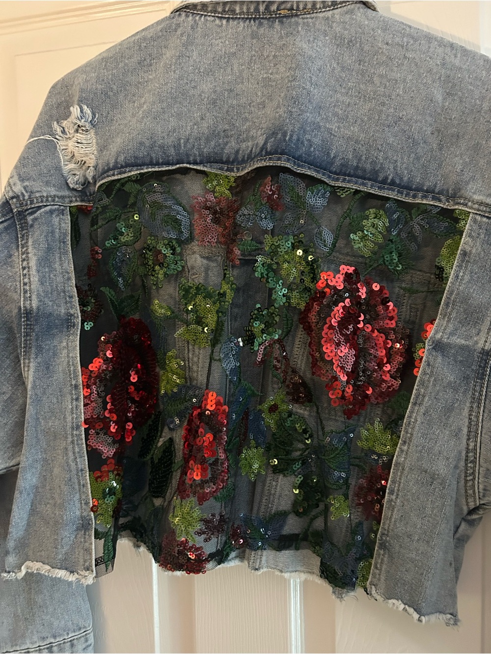Veveret Distressed  Light Blue Denim Jacket with Sequin Pocket - Picture 3 of 5